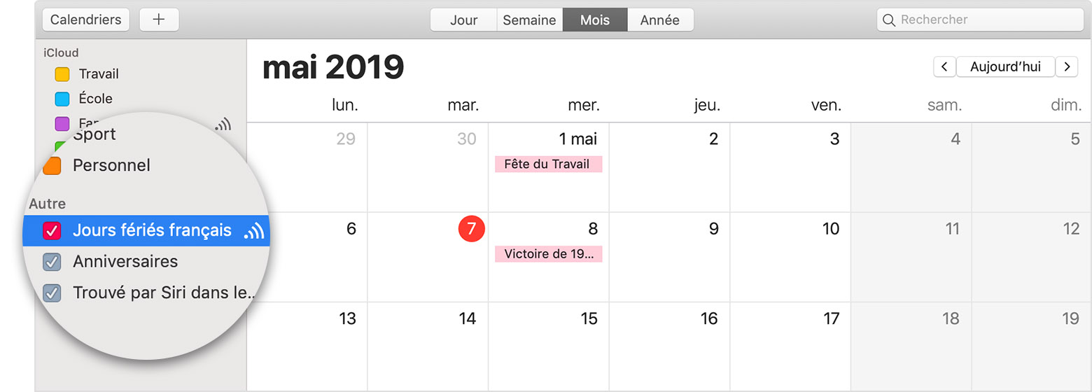 iCloud calendar with subscribed calendar selected