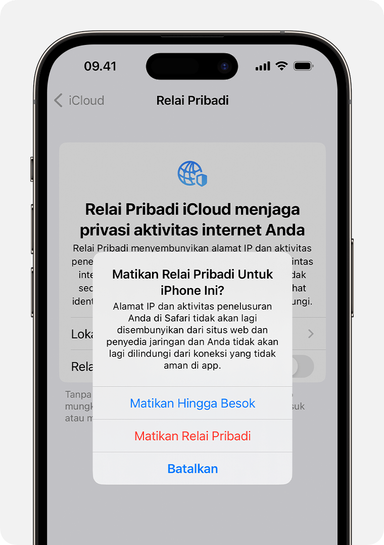 Saat mematikan Relai Pribadi di iPhone, Anda mendapatkan peringatan bahwa alamat IP dan aktivitas penelusuran di Safari tidak lagi disembunyikan.