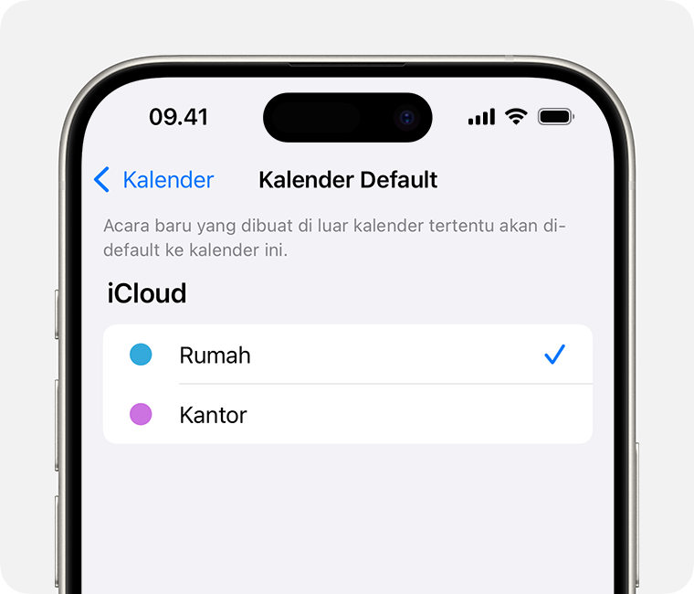 Layar iPhone menampilkan Pribadi yang dipilih sebagai Kalender Default.