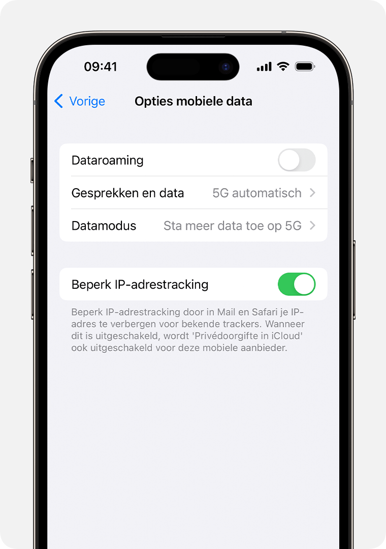 Schakel Privédoorgifte uit voor een specifiek mobiel netwerk in 'Instellingen' op de iPhone