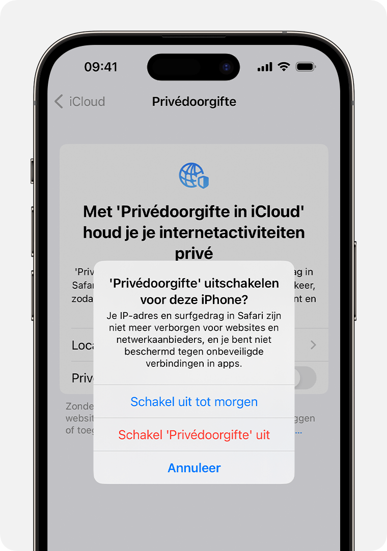 Als je Privédoorgifte uitschakelt op je iPhone, wordt er een waarschuwing weergegeven dat je IP-adres en surfgedrag in Safari niet meer verborgen worden.