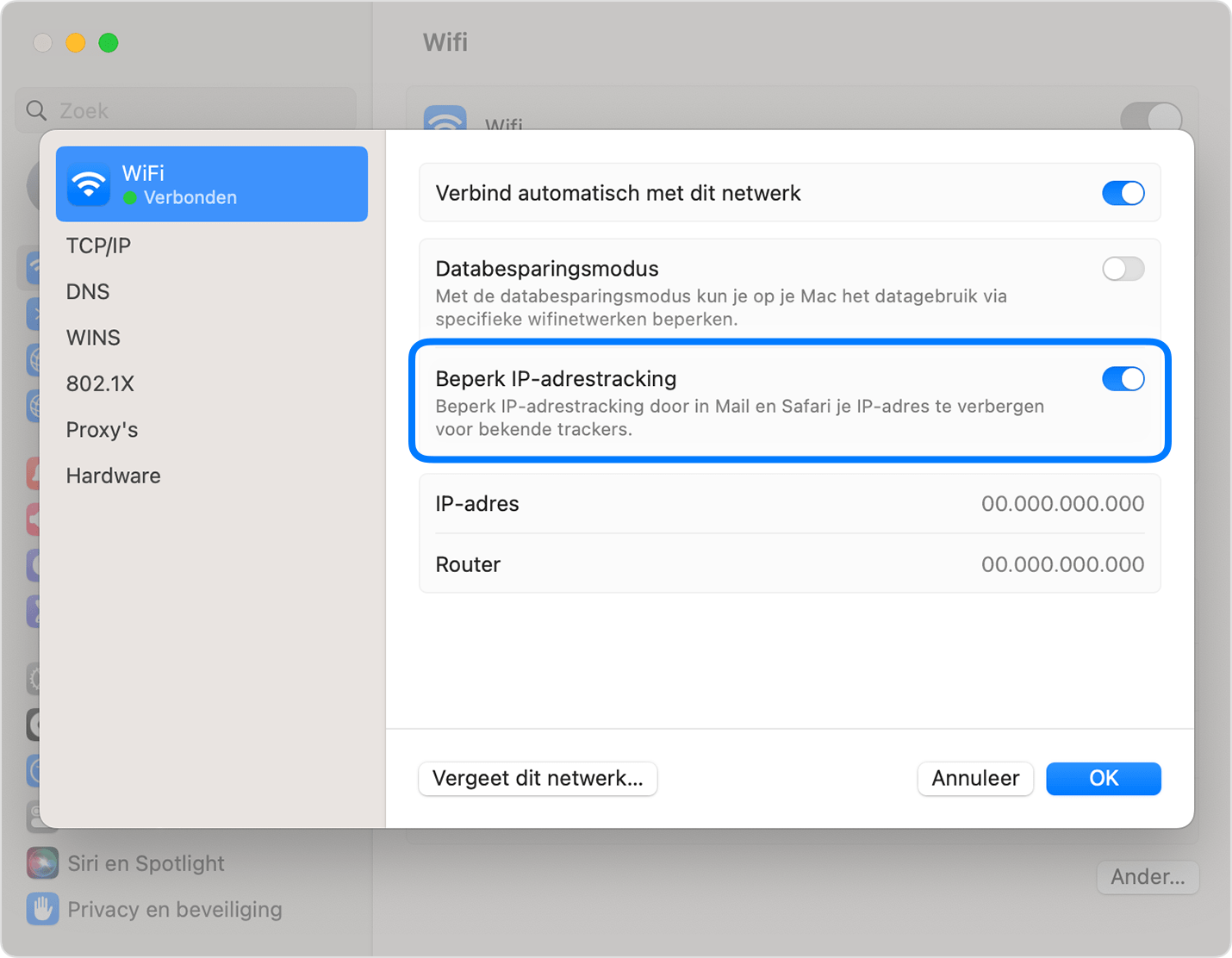 Privédoorgifte uitschakelen voor een specifiek wifinetwerk op de Mac