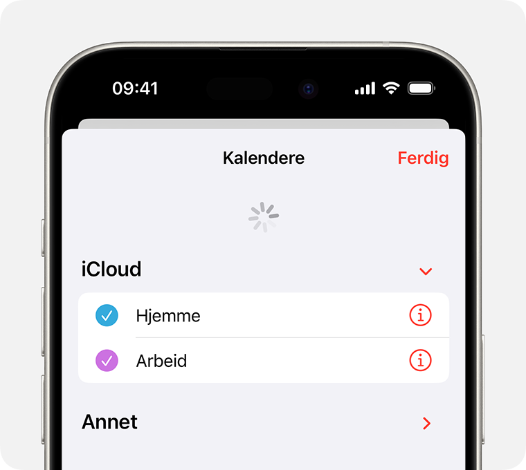 En iPhone-skjerm som viser Kalendere-fanen, oppdateres.