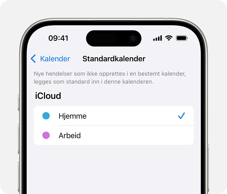 En iPhone-skjerm som viser Personlig valgt som standardkalender.