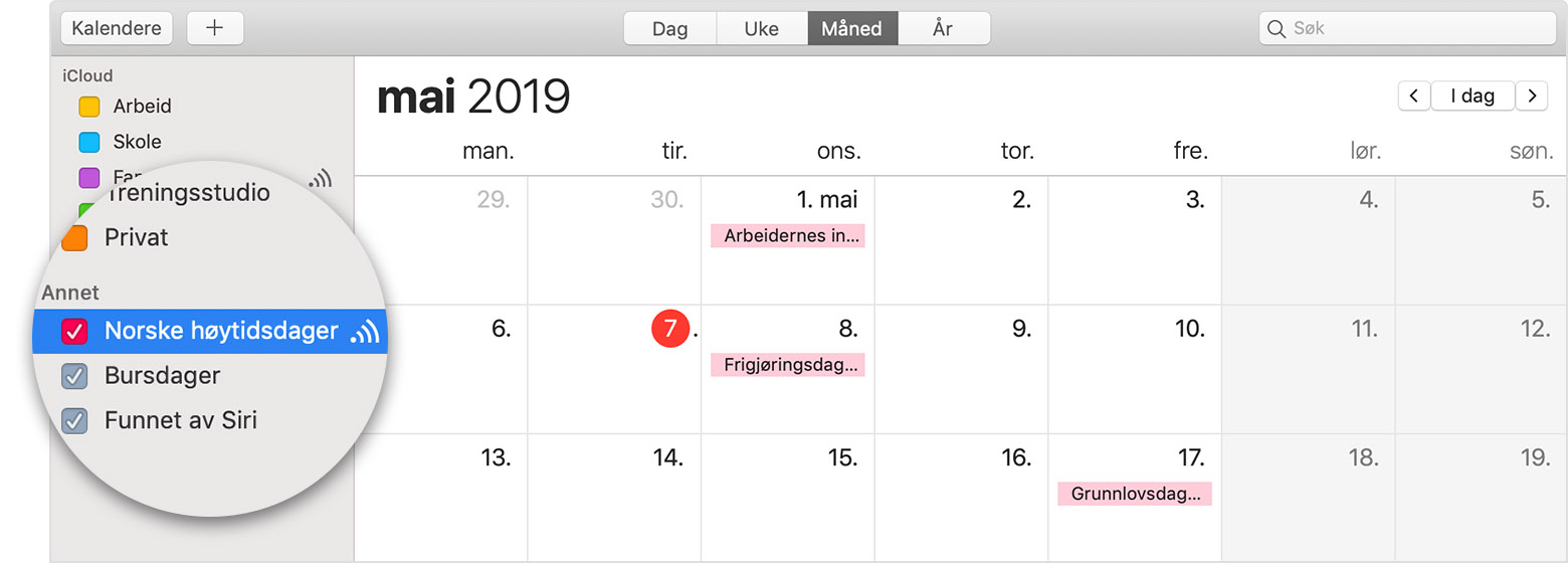 iCloud calendar with subscribed calendar selected