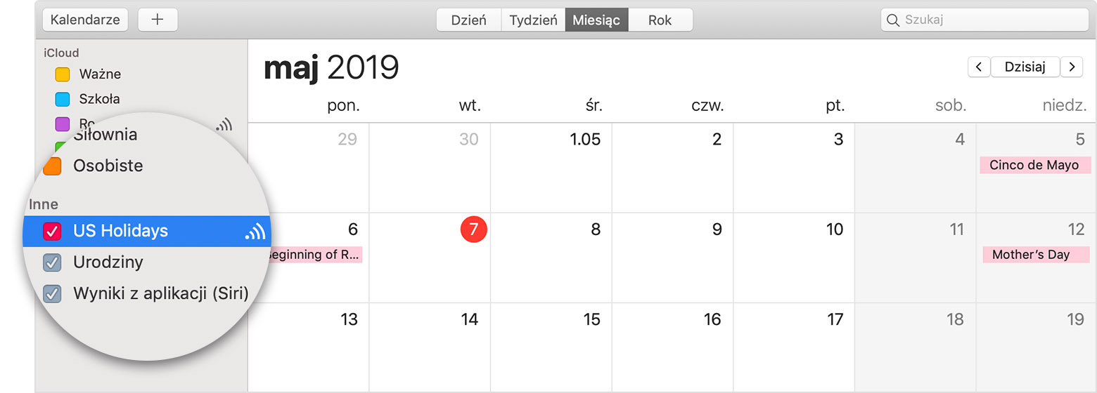 iCloud calendar with subscribed calendar selected