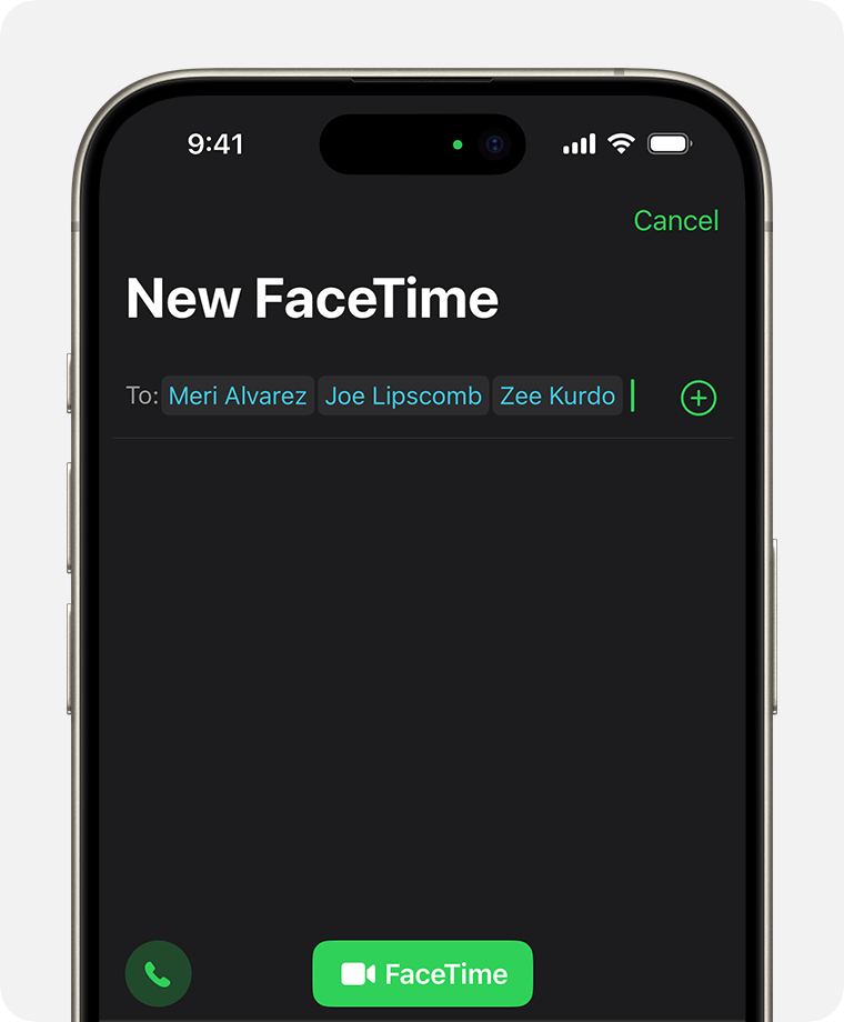 An iPhone displaying the screen to choose participants to invite to a FaceTime call. The Audio or FaceTime button is at the bottom of the screen above the keyboard.