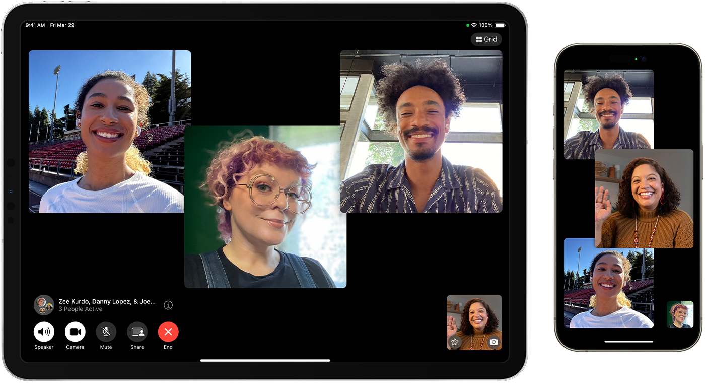 An iPad and iPhone displaying a Group FaceTime call.