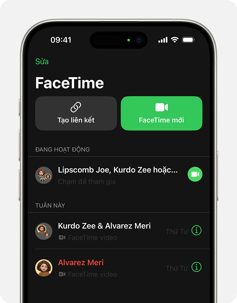 iPhone đang hiển thị ứng dụng FaceTime. Nút FaceTime nằm ở bên phải của cuộc gọi đang hoạt động, nút này được liệt kê đầu tiên.