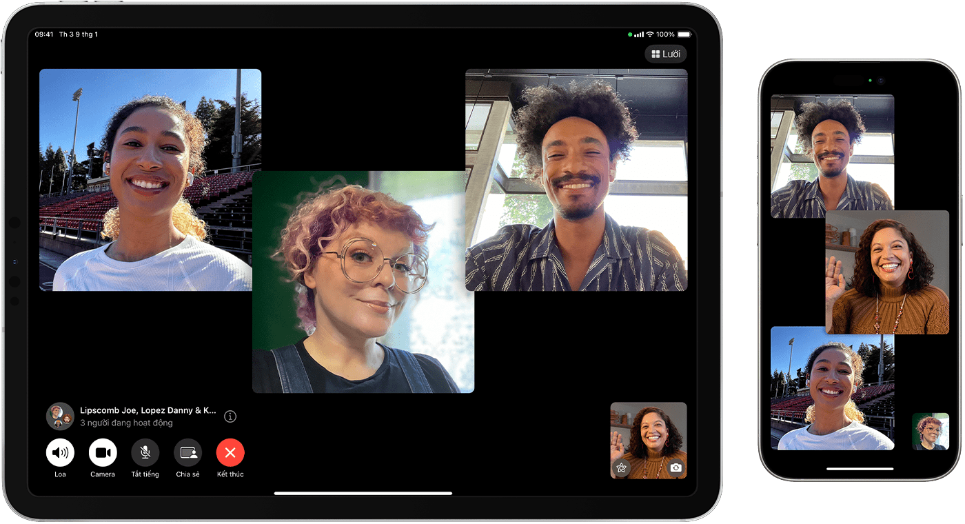 iPad và iPhone hiển thị cuộc gọi FaceTime nhóm.