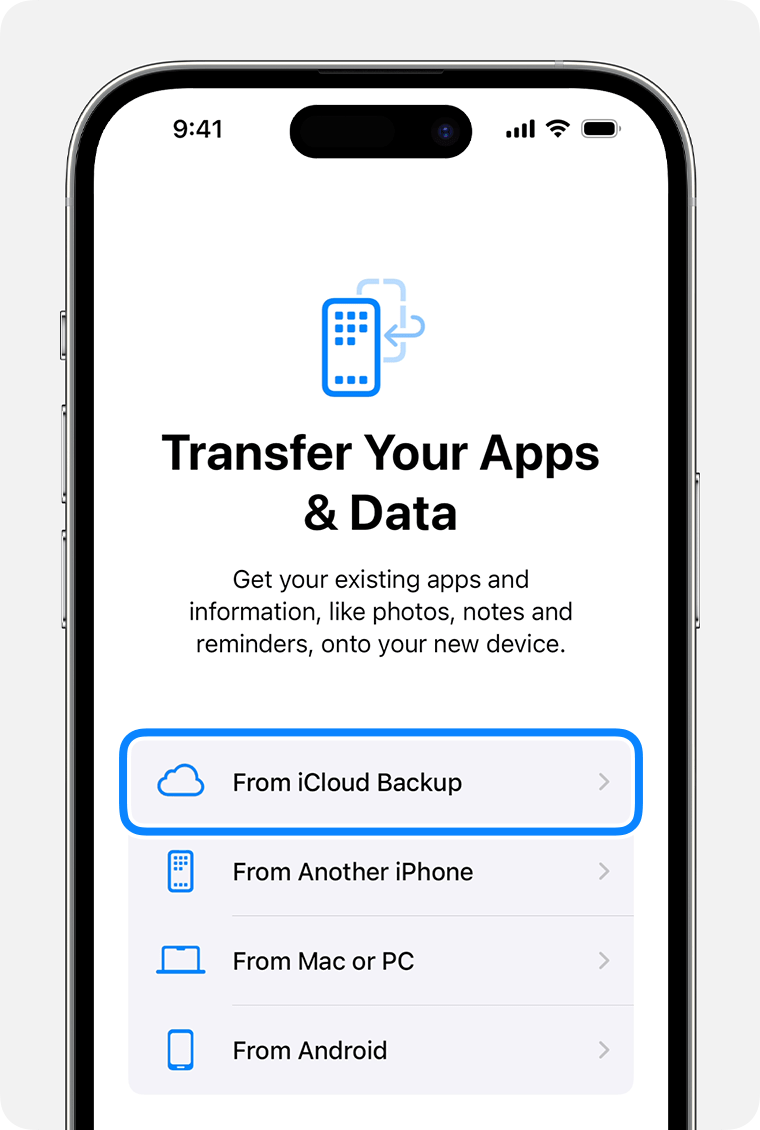 iPhone, на който се показва From iCloud Backup (От запасно копие на iCloud) като избрана опция