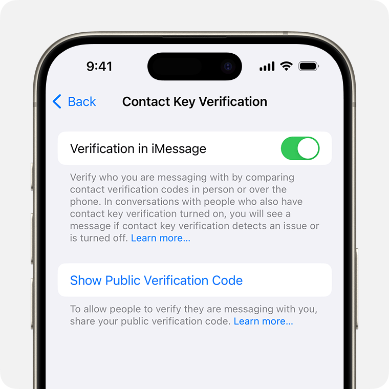 In Contact Key Verification settings, tap Show Public Verification Code to share your public code.