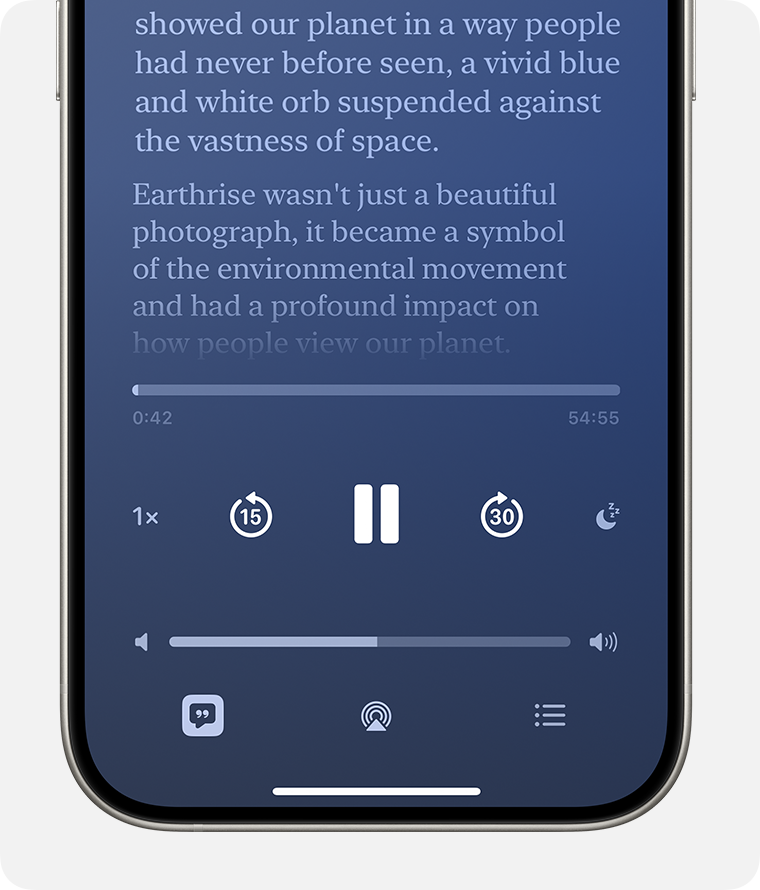 On an iPhone, a podcast transcript is shown with the mini player below it. In the bottom left of the mini player the Transcript button is on, which looks like a dark speech bubble with a quote mark inside and a white square highlight around it.