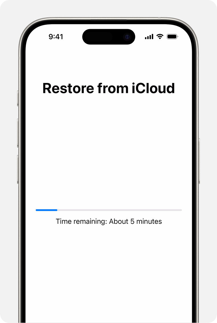 An iPhone showing the status of restoring your device from an iCloud backup