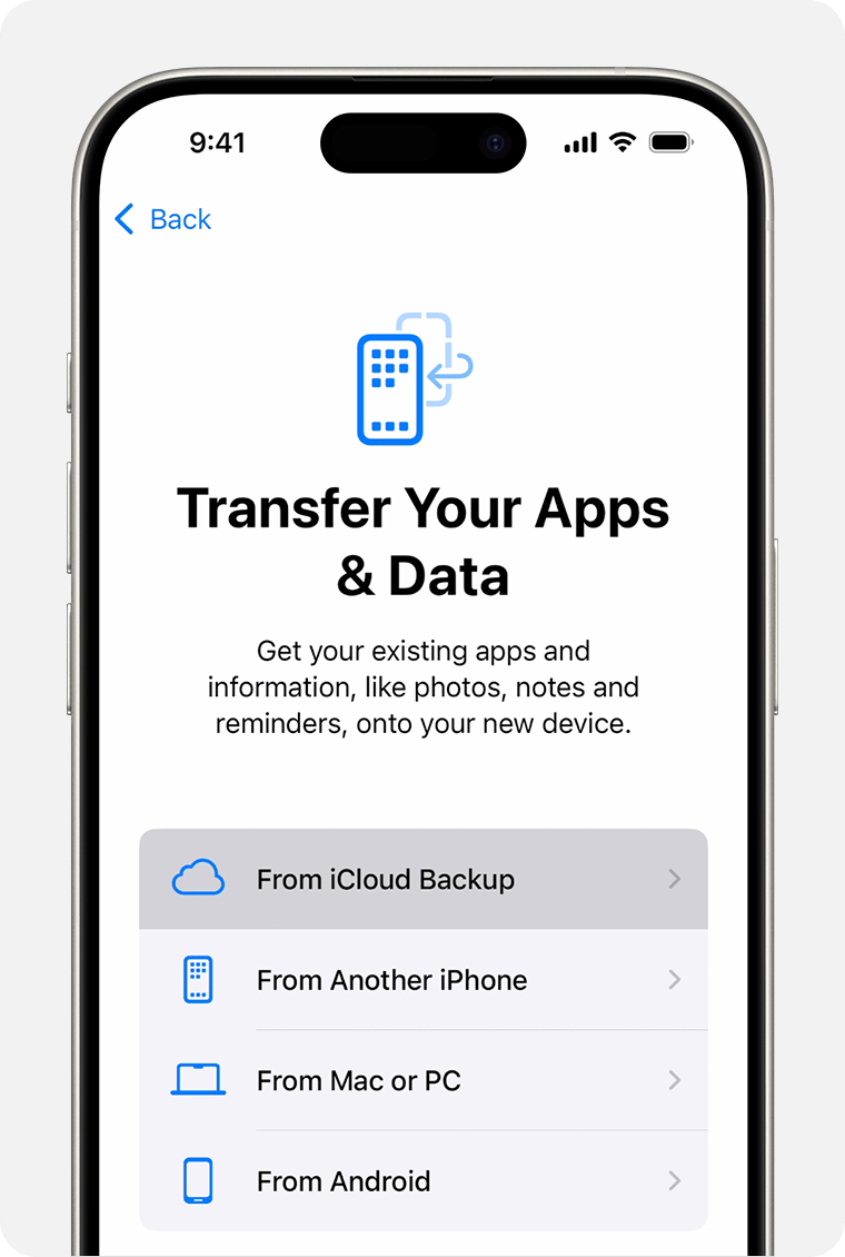 An iPhone showing From iCloud Backup as the selected option