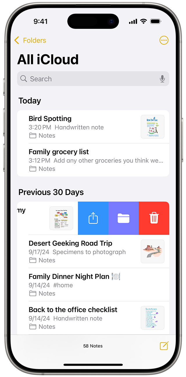 Swipe left over a note in the Notes list, then tap the Trash button to delete a note in iOS 18.