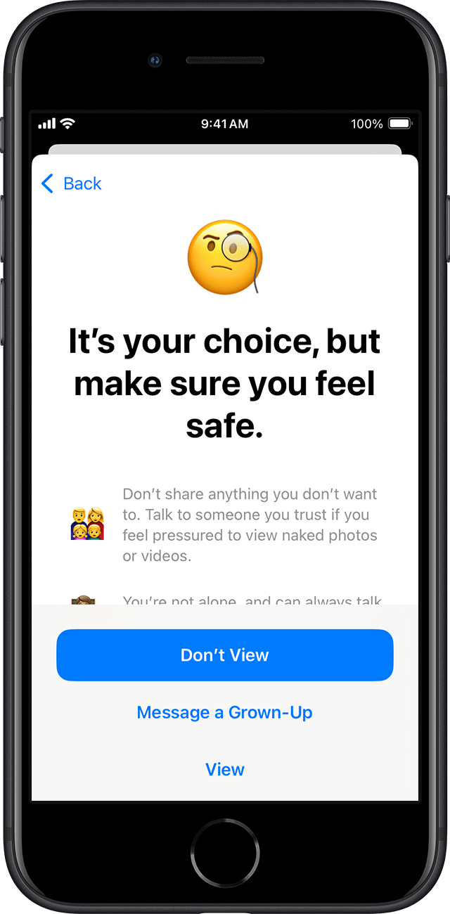 Jos lapsesi päättää lähettää arkaluontoisen kuvan tai videon, Viestinnän turvallisuus varmistaa, että hän on varma tästä päätöksestä.