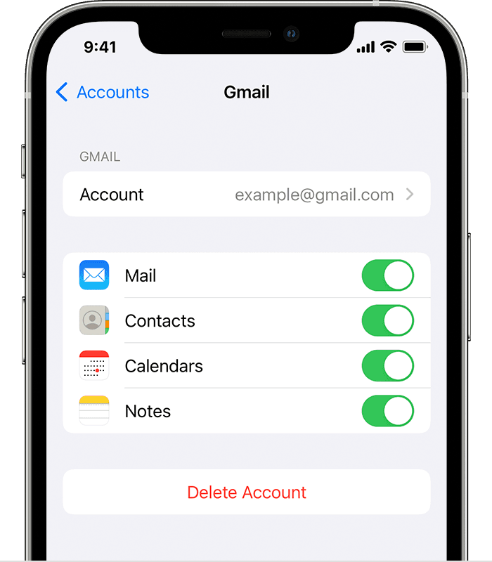 An iPhone showing the settings for a connected Gmail account at Settings > Apps > Mail > Accounts > Gmail.