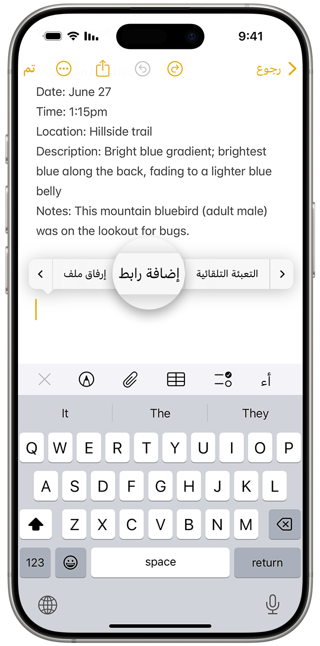 لإضافة رابط في تطبيق "الملاحظات" في iOS 18، المس مع الاستمرار على مساحة فارغة أو قم بتمييز النص لإظهار قائمة الخيارات. ثم، اضغط على "إضافة رابط".