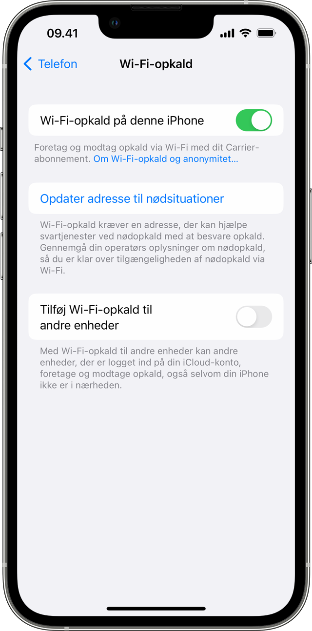 En iPhone, der viser Wi-Fi-opkaldsskærmen, hvor Wi-Fi-opkald på denne telefon er slået til.