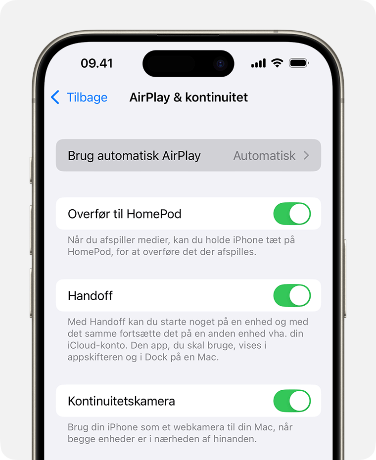 Automatisk er valgt til Brug automatisk AirPlay på skærmen AirPlay & Handoff på iPhone