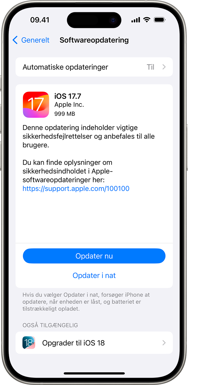 En iPhone med visning af skærmen Softwareopdatering. Opdater nu er den valgte mulighed.