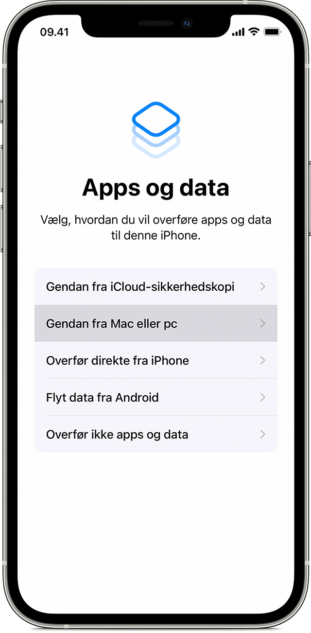 En iPhone, der viser skærmen Apps og data med "Gendan fra Mac eller pc" valgt.