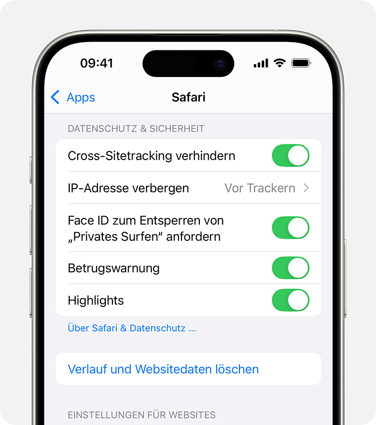 iPhone-Anzeige der Safari Einstellungen. Unten im Bereich „Datenschutz & Sicherheit“ befindet sich die Taste „Verlauf und Websitedaten löschen“.