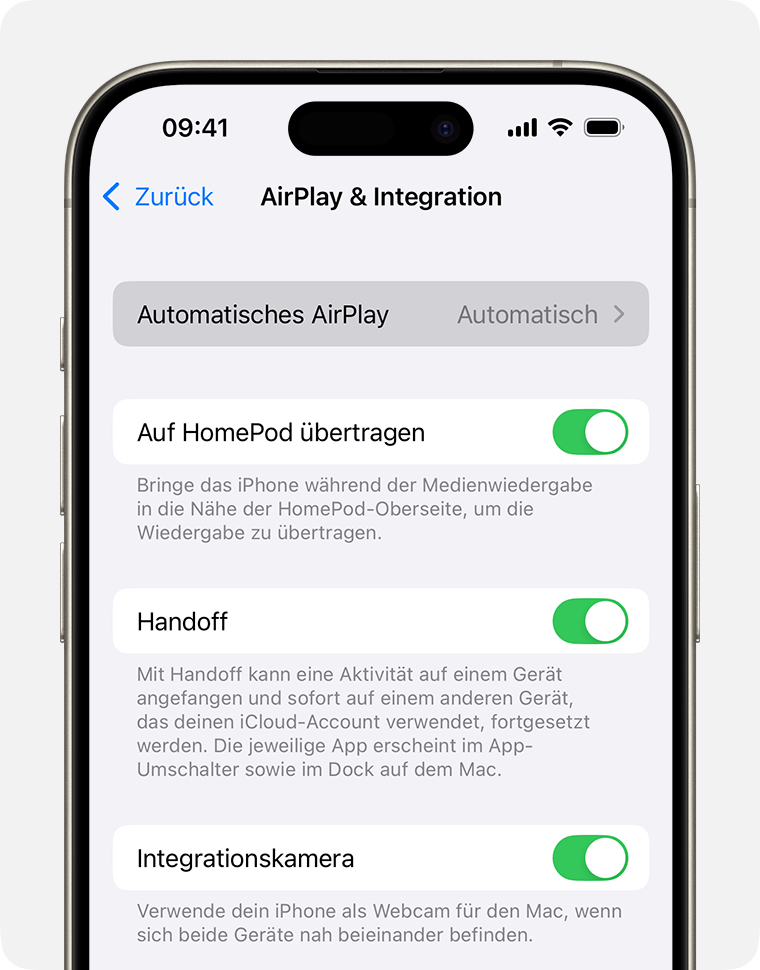 Auf dem Bildschirm „AirPlay & Handoff“ auf einem iPhone ist für die Option „Automatisches AirPlay“ die Einstellung „Automatisch“ ausgewählt