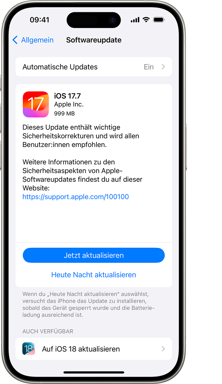 Ein iPhone mit dem Softwareupdate-Bildschirm. „Jetzt aktualisieren“ ist als Option ausgewählt.