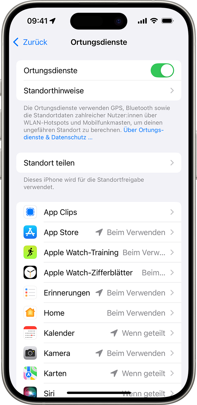 Einstellung für Ortungsdienste auf dem iPhone