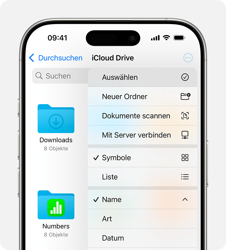 iCloud Drive zeigt die Optionen „Auswählen“, „Neuer Ordner“, „Dokumente scannen“, „Mit Server verbinden“, „Symbole“, „Liste“, „Name“, „Art“ und „Datum“ an.