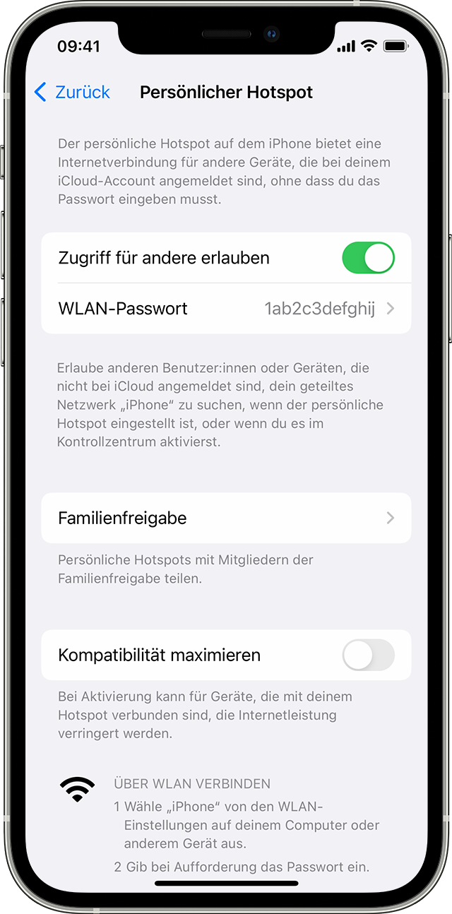 iPhone-Bildschirm mit der Leiste „Persönlicher Hotspot“.