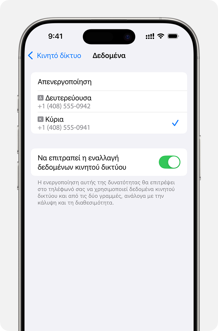 Ρύθμιση δεδομένων κινητού δικτύου του iPhone για αριθμό που χρησιμοποιεί δεδομένα κινητού δικτύου ή για την ενεργοποίηση της επιλογής «Να επιτρέπεται η εναλλαγή δεδομένων κινητού δικτύου».