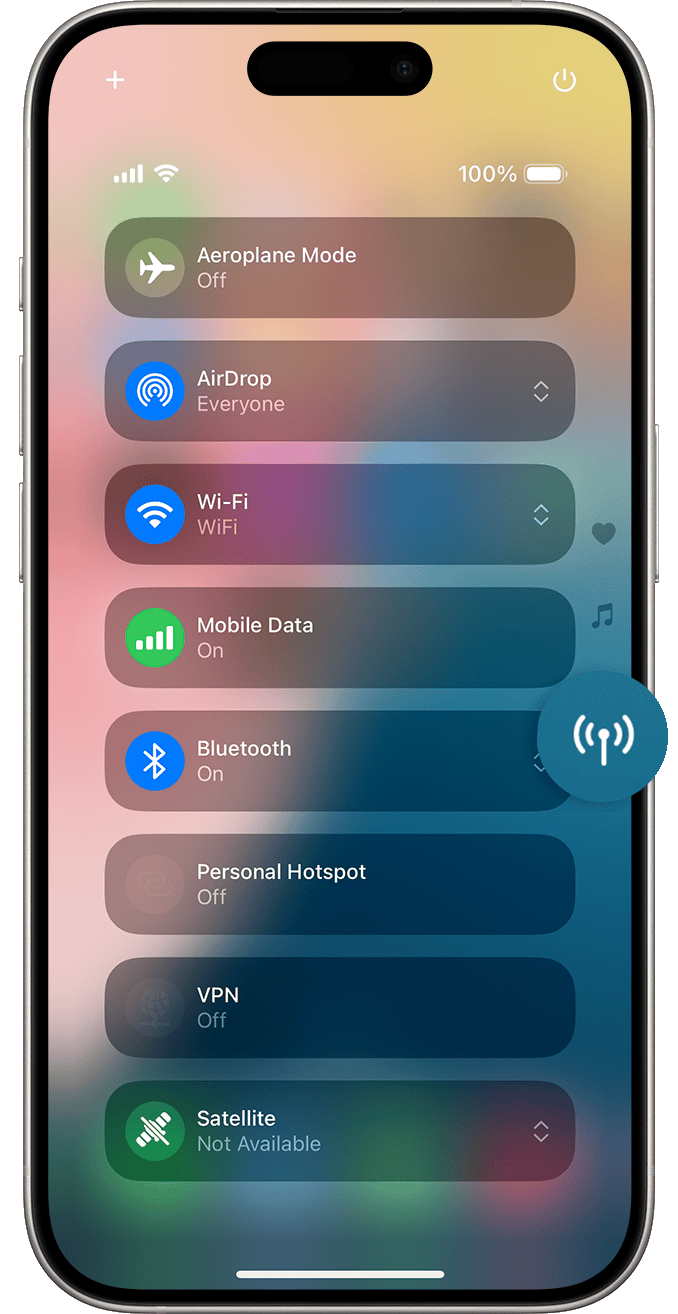 Control Centre on iPhone with the Connectivity button magnified on the right-hand side of the screen. The Satellite button at the bottom of the list.