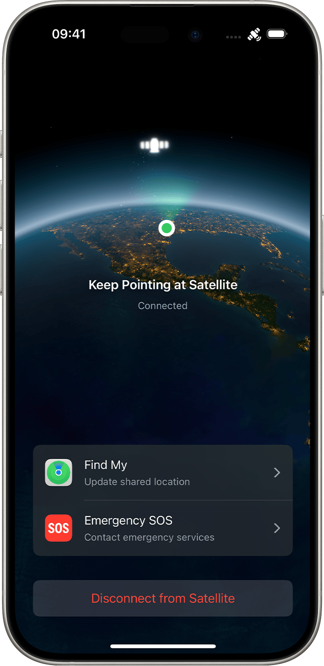 Connection Assistant on iPhone, connected to a satellite. Buttons for sending and receiving Messages, using Find My, requesting roadside assistance and contacting emergency services are listed in the app.