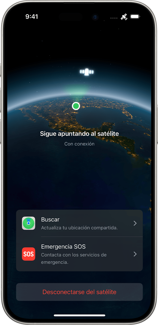 Asistente de conexión en el iPhone, conectado a un satélite. Los botones para enviar y recibir mensajes, usar la app Buscar, solicitar asistencia en carretera y contactar con los servicios de emergencia se enumeran en la app.