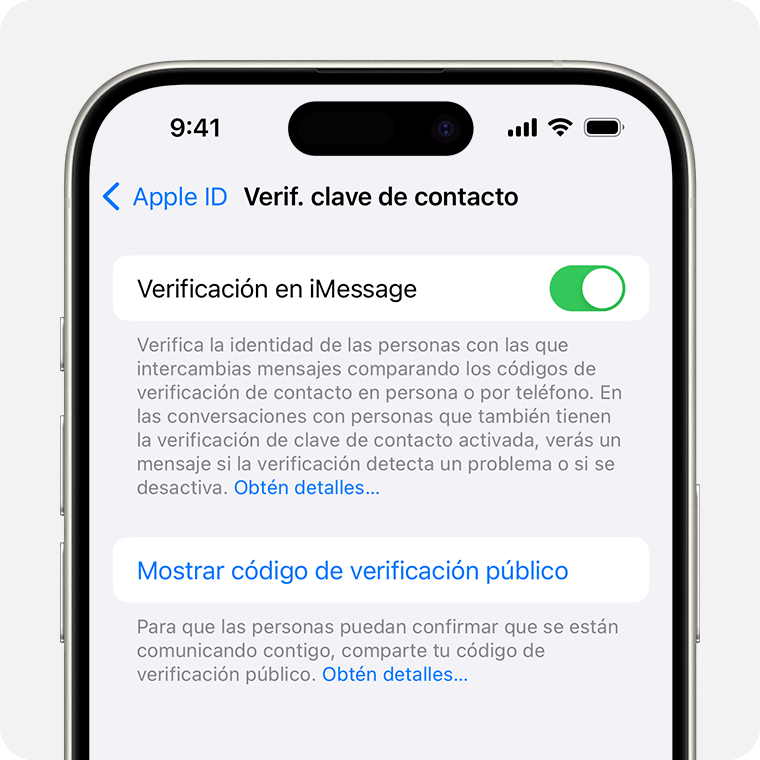 En la configuración de Verificación de clave de contacto, toca Mostrar código de verificación público para compartir el código público.