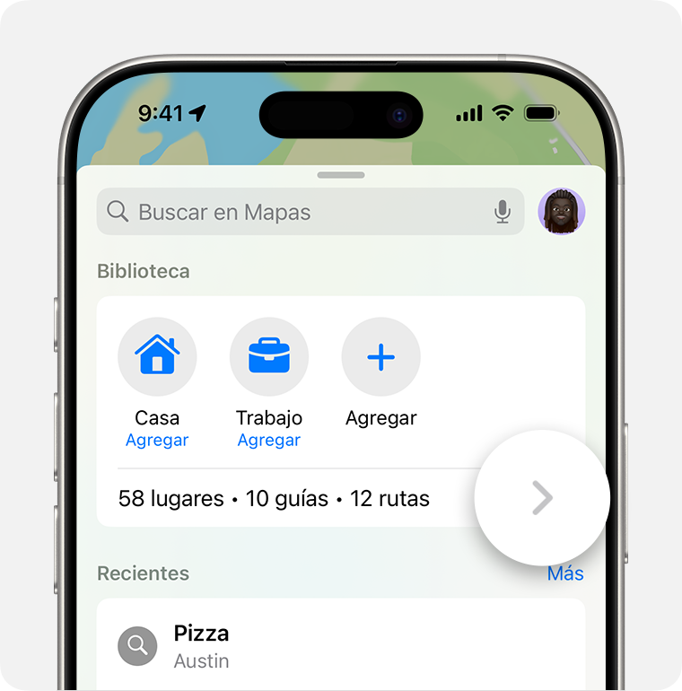 Con la biblioteca de Lugares en Mapas en iOS 18, puedes buscar rápidamente tus direcciones de Casa, Trabajo u otras direcciones guardadas.