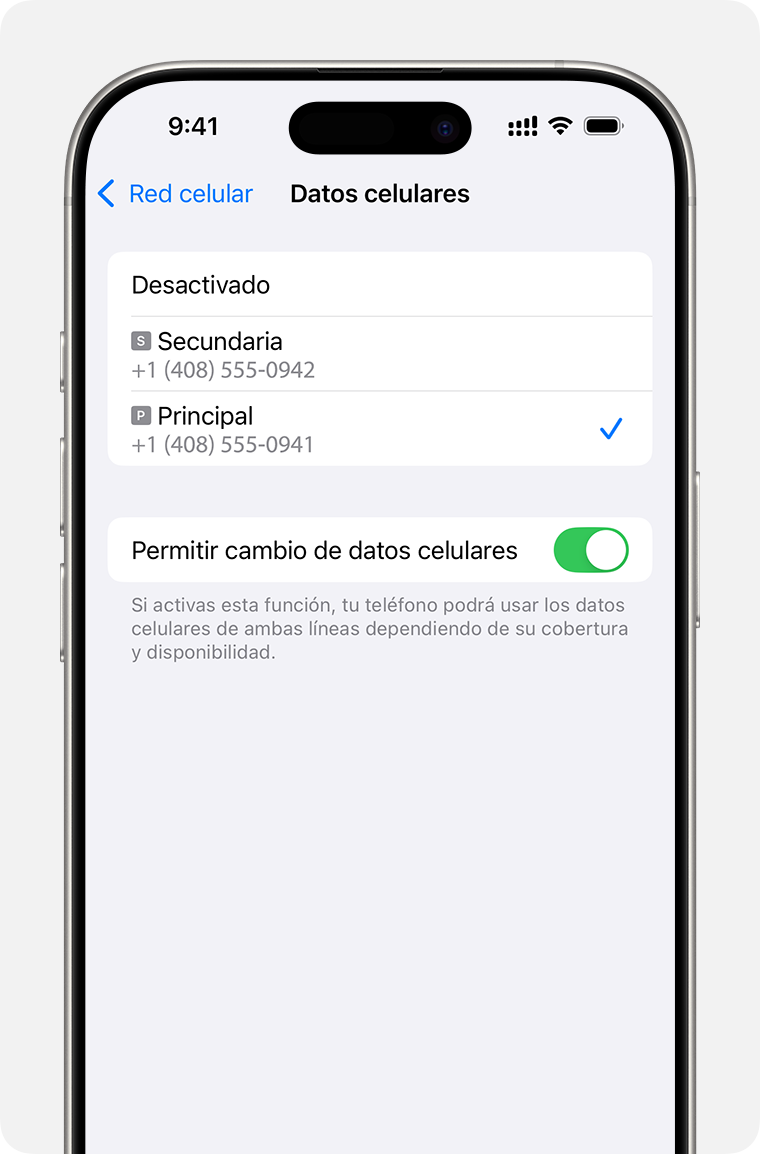 Configuración de datos celulares de iPhone donde se establece qué número usa datos celulares o se activa Permitir cambio de datos celulares.