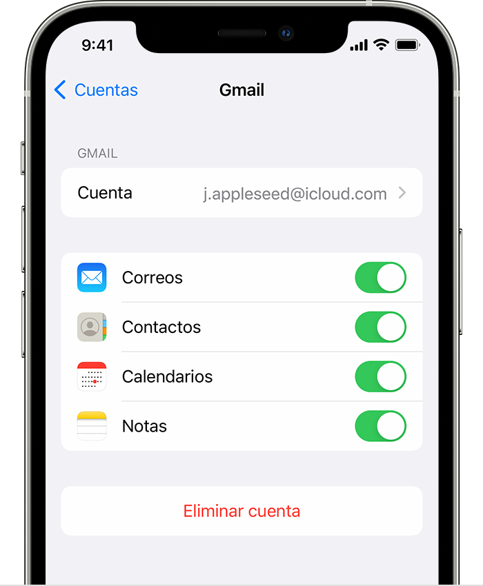 Un iPhone en el que se muestra la configuración de una cuenta de Gmail conectada en Configuración > Apps > Mail > Cuentas > Gmail.