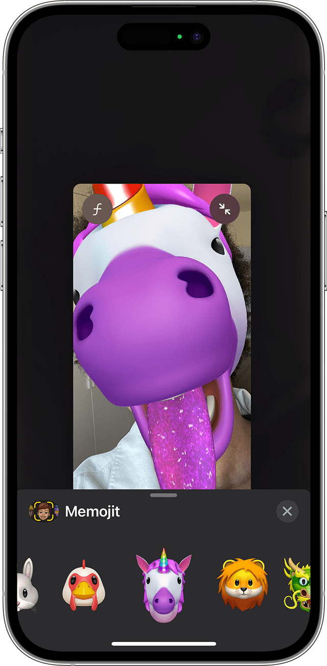 iPhone, jossa näkyy, miten voit luoda animoidun memojin FaceTimessa