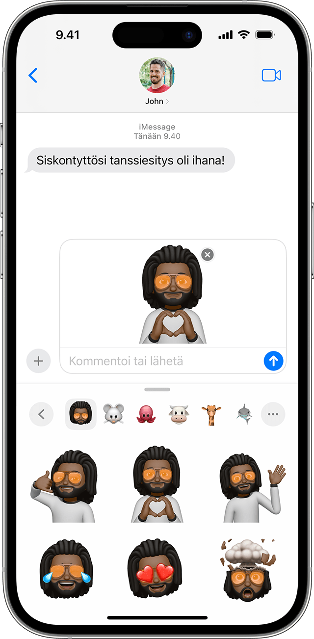 iPhonessa näkyy, miten memoji-tarra valitaan.