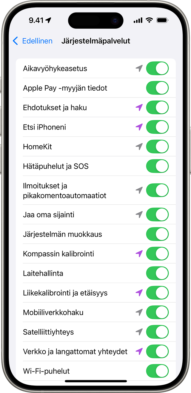 Järjestelmäpalvelut-asetus iPhonessa