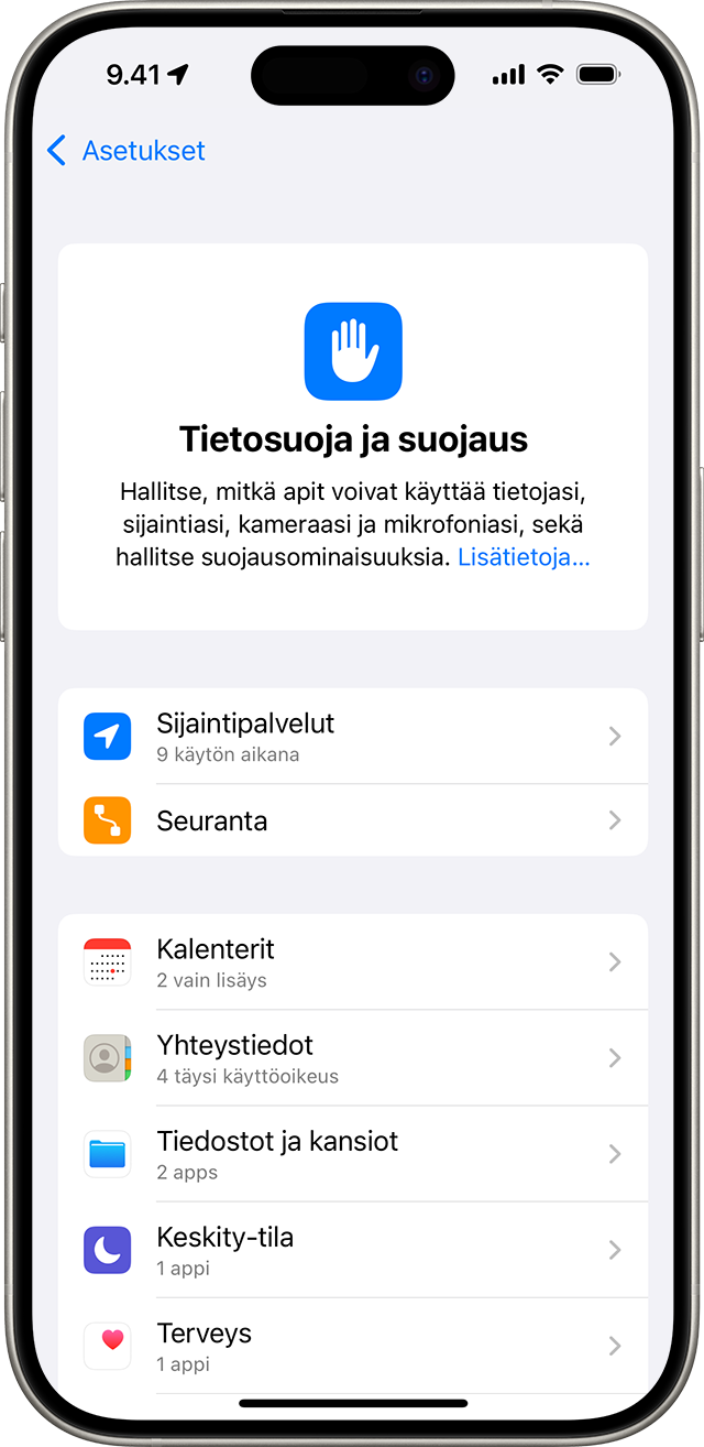 iPhonen Tietosuoja ja suojaus -asetusnäyttö