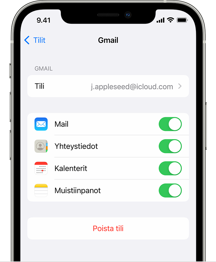 iPhone, jossa yhdistetyn Gmail-tilin asetukset näkyvät kohdassa Asetukset > Apit > Mail > Tilit > Gmail.