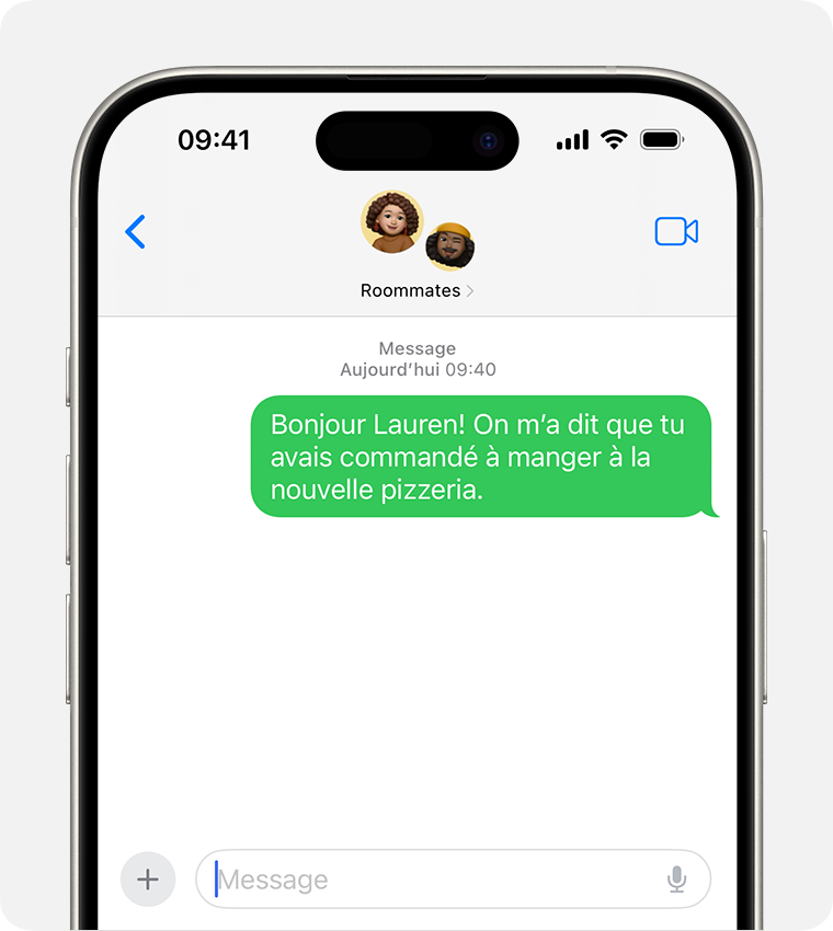 Dans un message MMS de groupe, une personne dans le message utilise un appareil autre qu’iPhone et les messages sont affichés dans des bulles de texte vertes.