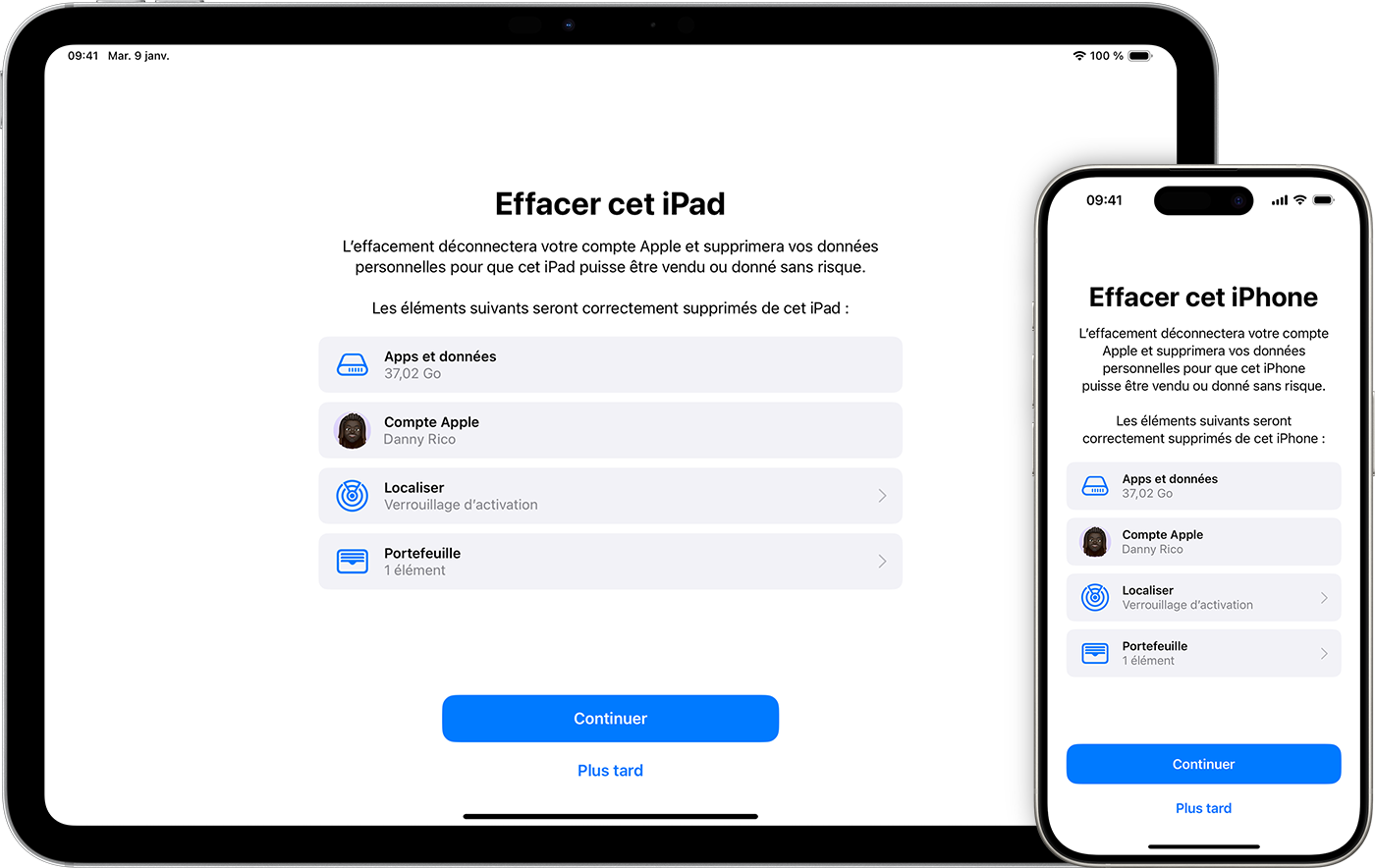 Un iPad et un iPhone montrant les éléments qui sont supprimés si vous effacez votre appareil