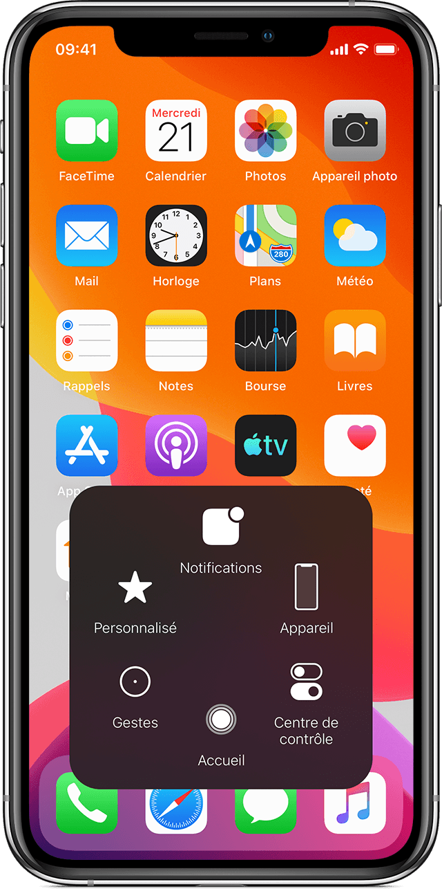 Écran d’accueil d’iPhone affichant le menu AssistiveTouch