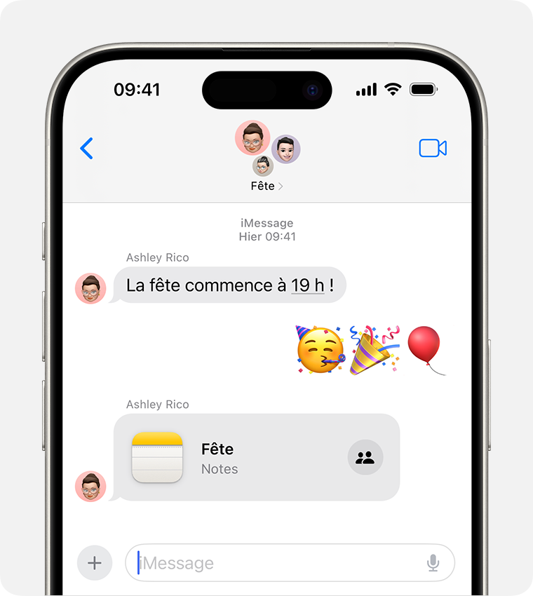 iMessage collectif affiché dans une bulle de couleur bleue.